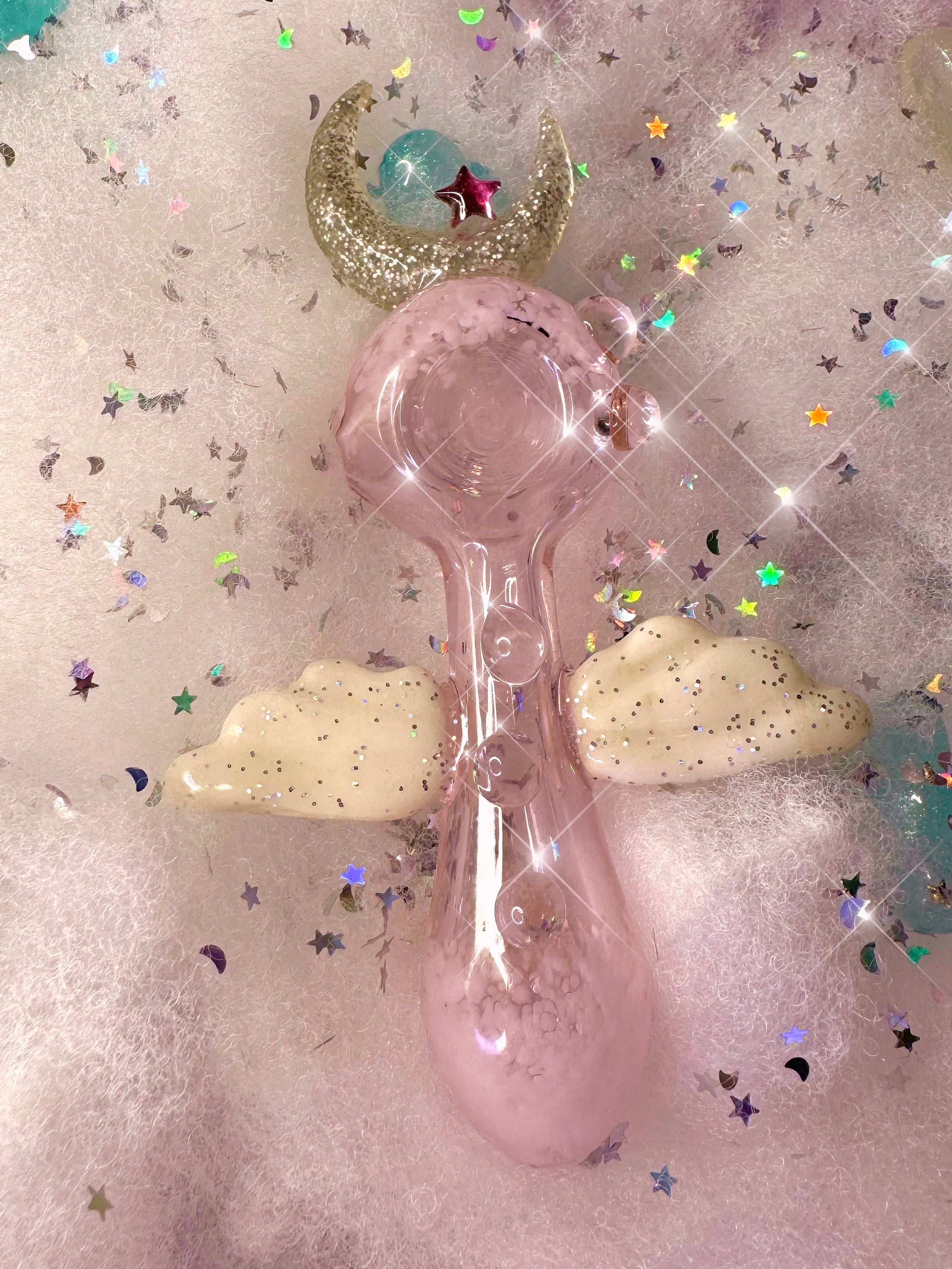 Pink Glitter Star Wing & Moon Glass Hand Pipe