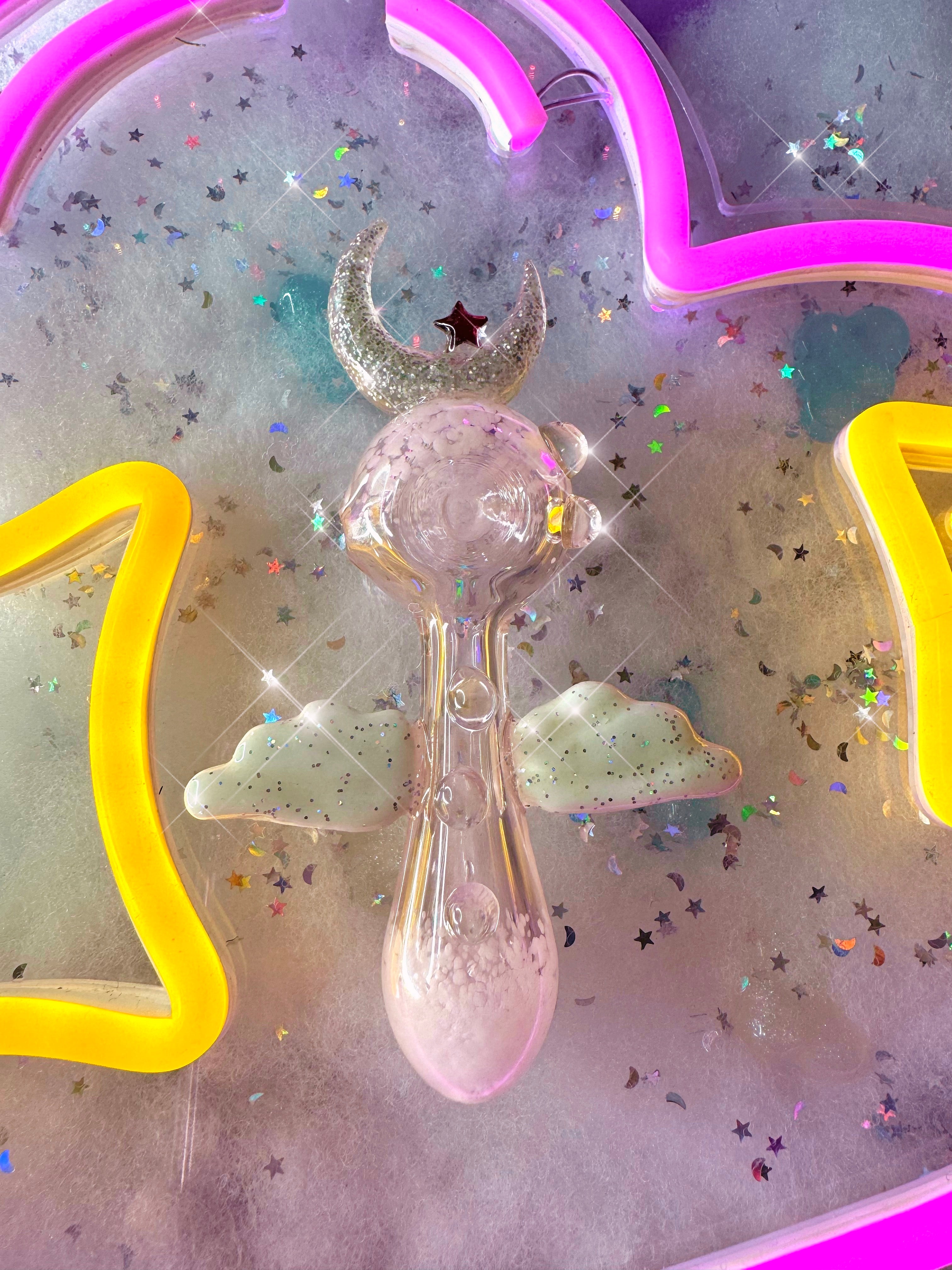 Pink Glitter Star Wing & Moon Glass Hand Pipe