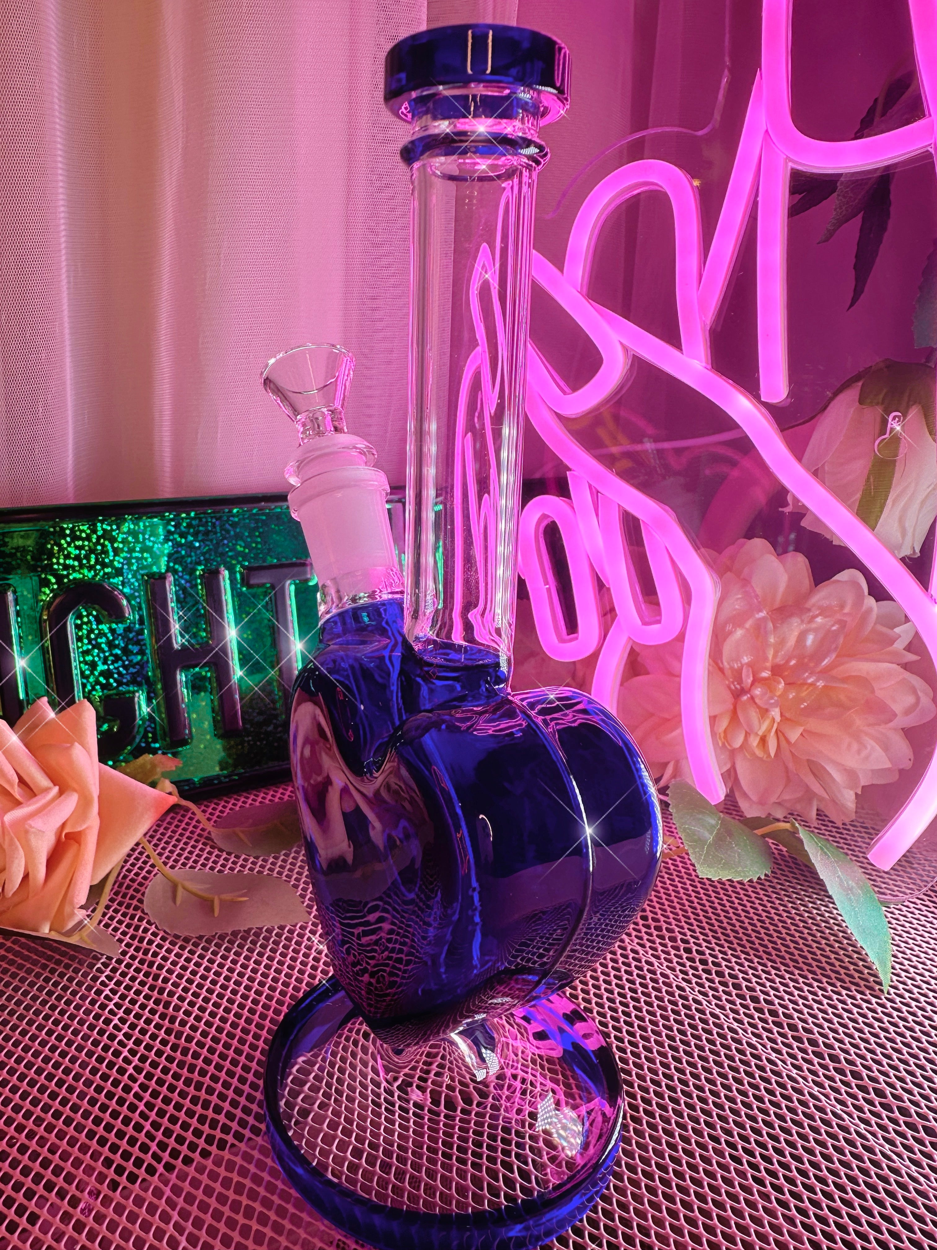 Dark Blue Heart Glass Bong Bubbler Pipe