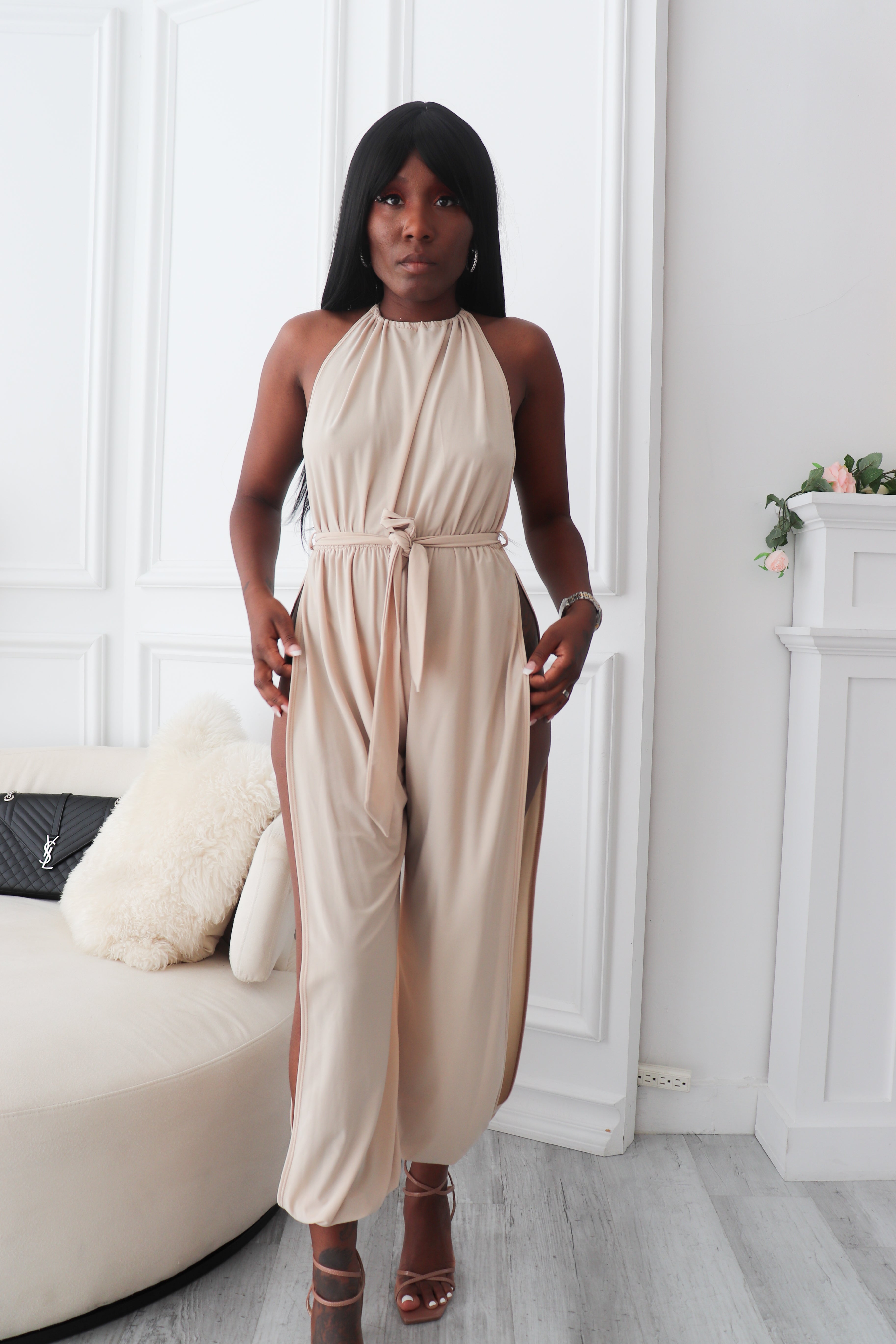 Goddess Jumpsuit, Sleeveless Jumpsuit, Waist Tie Jumpsuit, Side Slit Jumpsuit, Halter Neck Jumpsuit