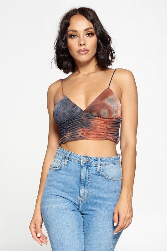 Tie Dye Crop Top, Camisole Crop Top, Spaghetti Strap Crop Top, V-Neck Crop Top, Ruched Hem Crop Top