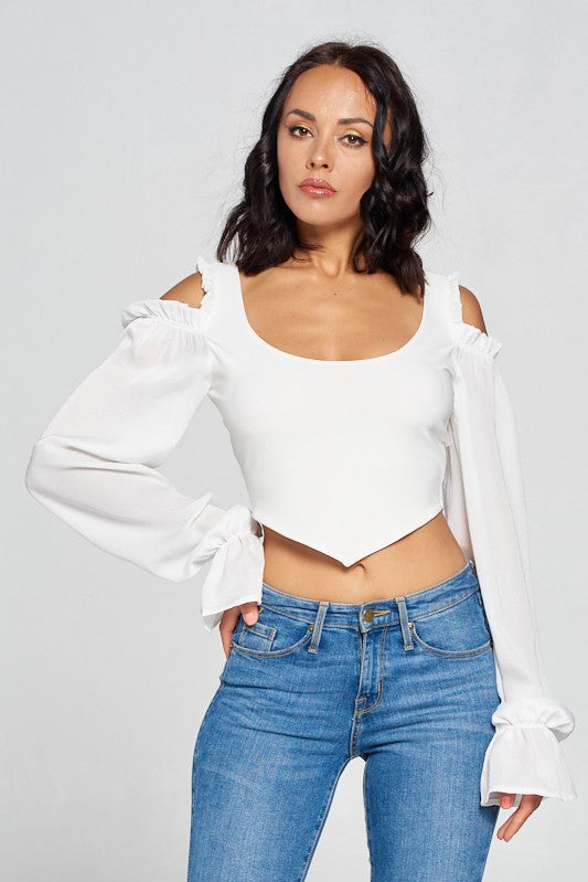 Athena Crop Top, Long Sleeve Crop Top, V-Bottom Crop Top, Scoop Neck Crop Top, Cut Shoulders Top